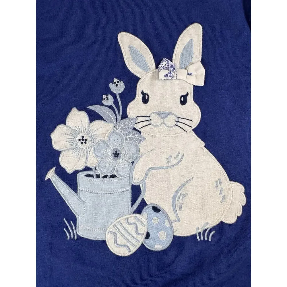 Gymboree Girls Size 7 Blue Easter Bunny Graphic Tee Sequin Bow Watering Can Egg